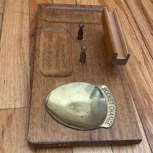 London Leather Dresser Valet Wood Valet W/ Brass Trinket Tray Cuff Links Watch